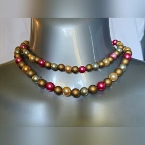 JAPAN Mid-Century 2 Strand Pink Gold Faux Pearl Necklace & Broach